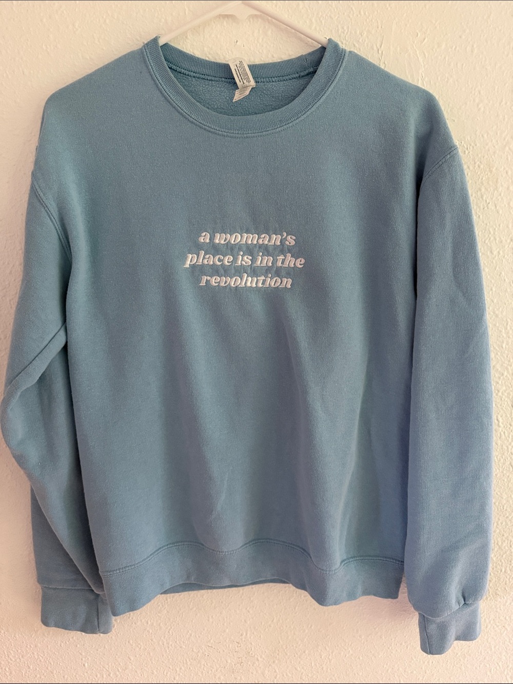 VINTAGE Light Blue Crewneck Sweatshirt with White Embroidered Slogan